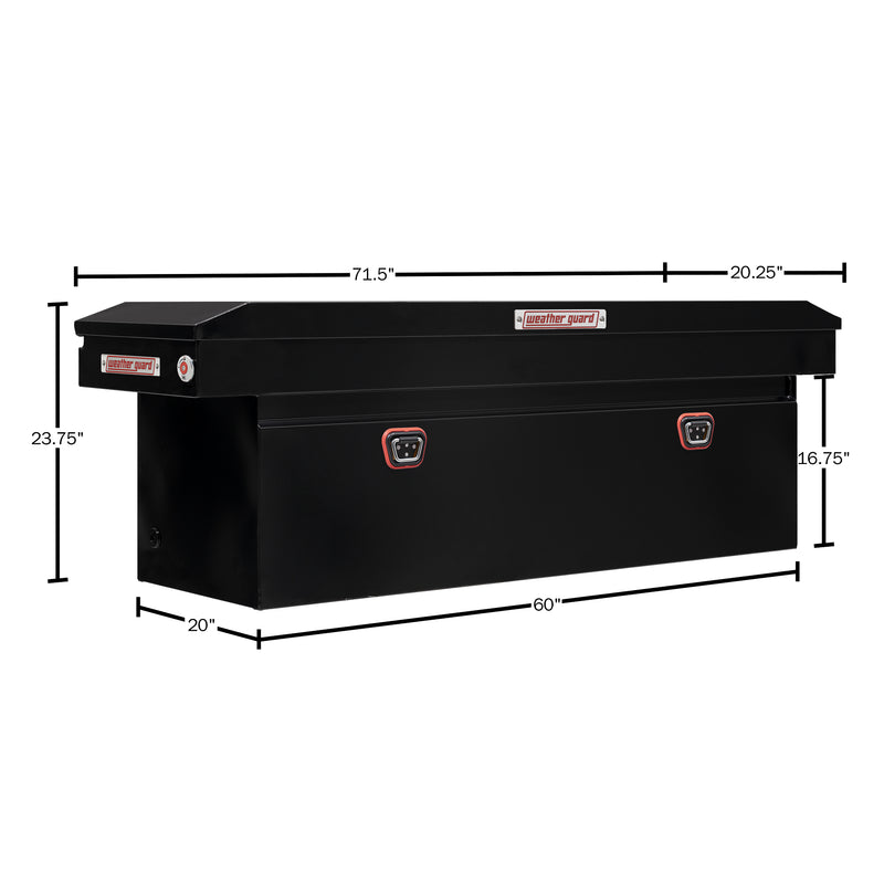 Weather Guard 128-5-04 crossover saddle box in gloss black, dimensional line drawing with the overall length, width and height called out