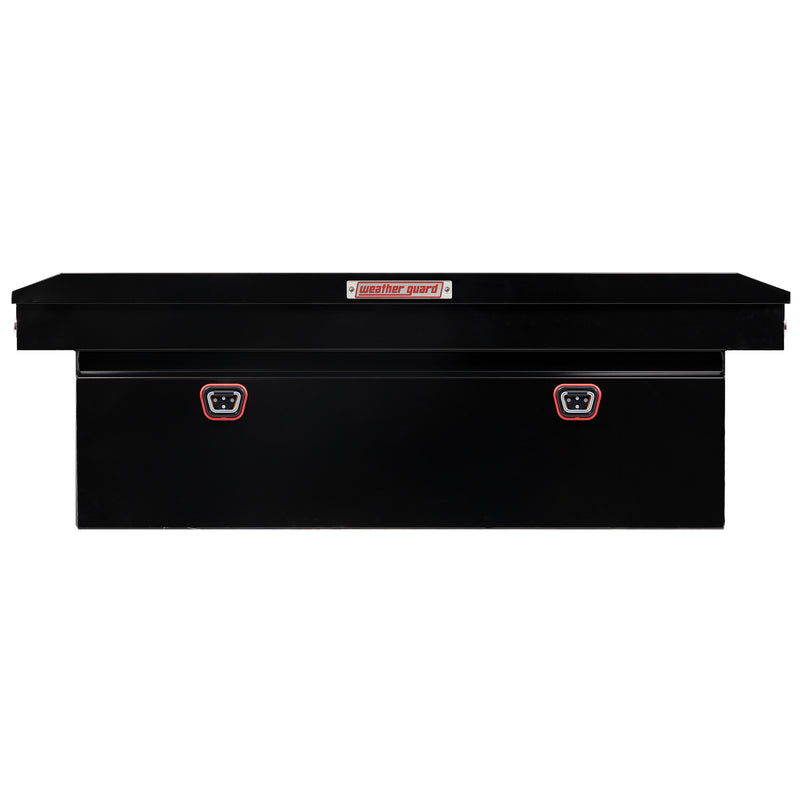 Weather Guard 128-5-04 crossover saddle box in gloss black, straight-on front elevation with the lid closed
