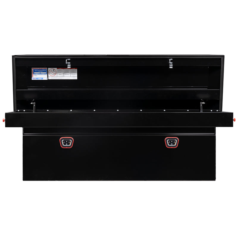Weather Guard 128-5-04 crossover saddle box in gloss black, straight-on front view with the lid open, showing the full interior