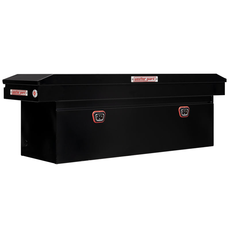 Weather Guard 128-5-04 crossover saddle box in gloss black, front three-quarter studio view with the lid closed