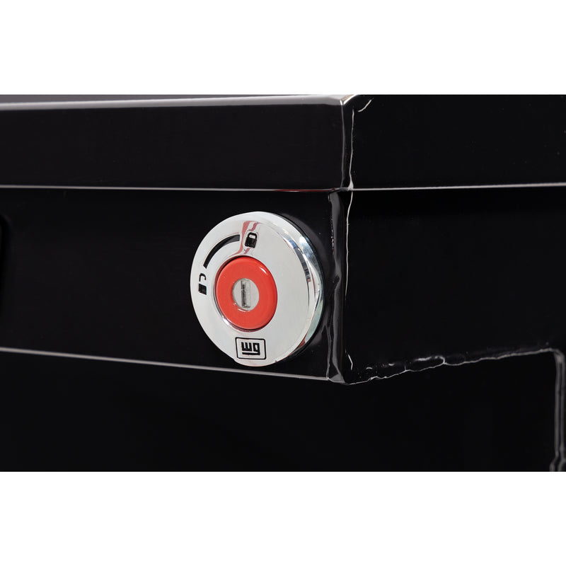 Weather Guard 128-5-04 crossover saddle box in gloss black, close-up of the red push-button lock and Weather Guard badge