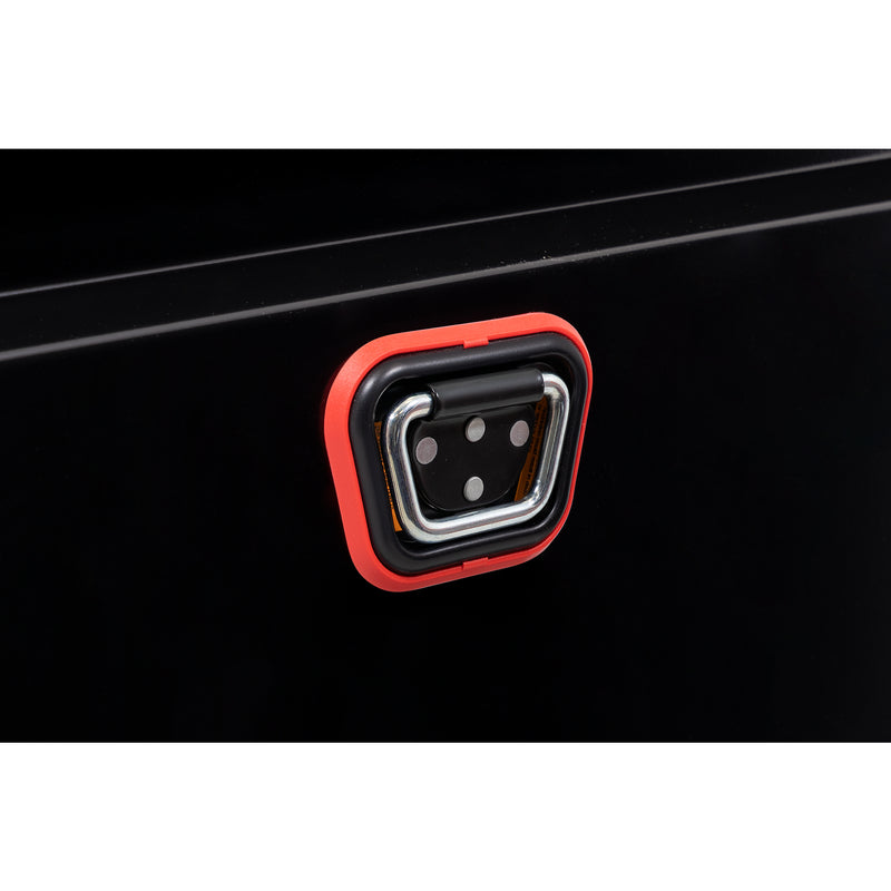 Weather Guard 128-5-04 crossover saddle box in gloss black, close-up of the reinforced tie-down buckle on the body