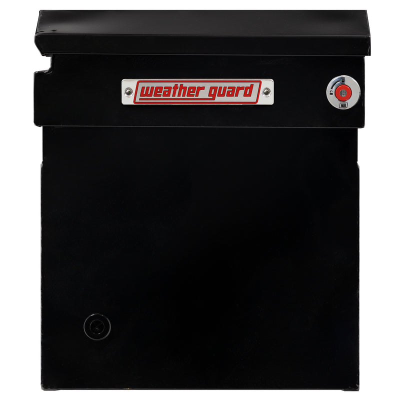 Weather Guard 128-5-04 crossover saddle box in gloss black, side profile showing the body depth and the bed-rail notch
