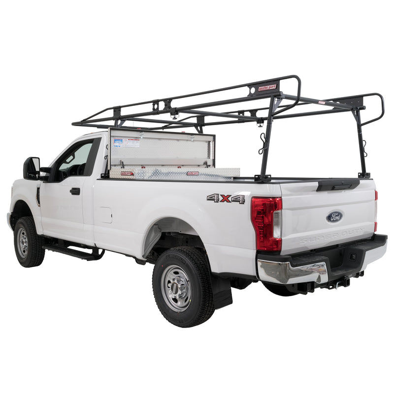 Weather Guard truck rack fitted with an accessory cross member standing over an open crossover truck box