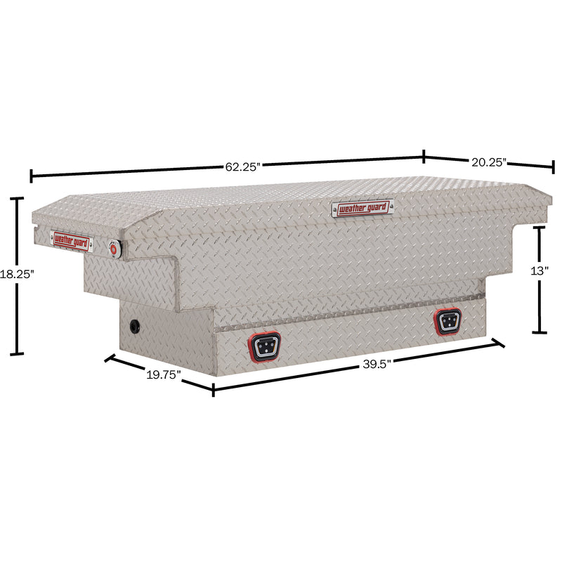 Weather Guard 131-0-04 crossover saddle box in bright aluminum diamond plate, dimensional line drawing with the overall length, width and height called out