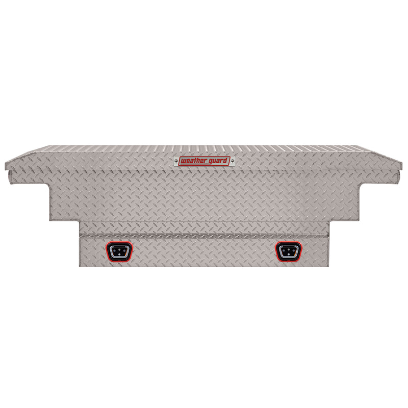 Weather Guard 131-0-04 crossover saddle box in bright aluminum diamond plate, straight-on front elevation with the lid closed