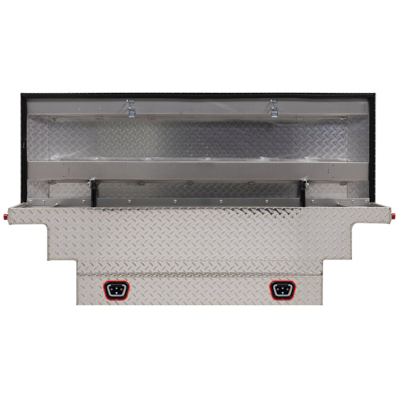 Weather Guard 131-0-04 crossover saddle box in bright aluminum diamond plate, straight-on front view with the lid open, showing the full interior
