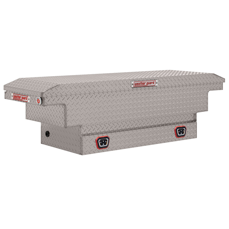 Weather Guard 131-0-04 crossover saddle box in bright aluminum diamond plate, front three-quarter studio view with the lid closed