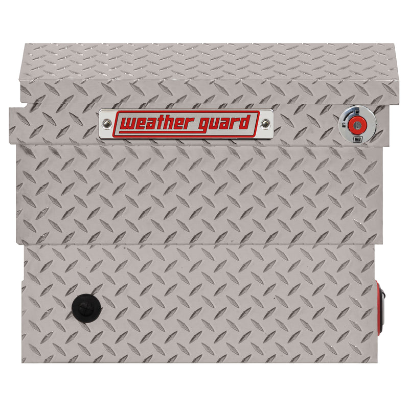 Weather Guard 131-0-04 crossover saddle box in bright aluminum diamond plate, side profile showing the body depth and the bed-rail notch
