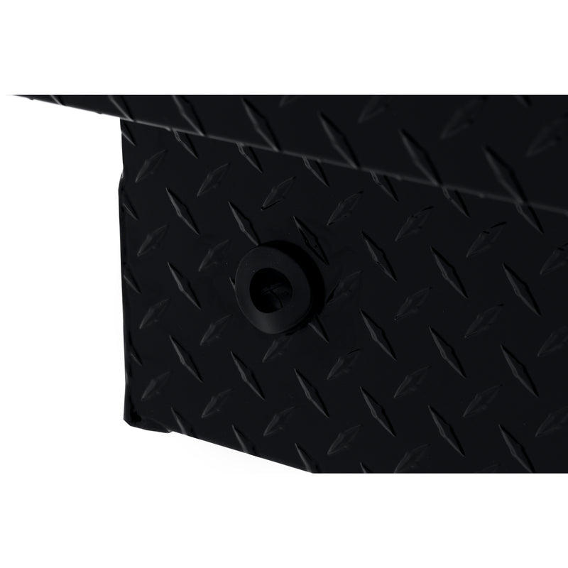 Weather Guard 131-5-04 crossover saddle box in gloss black, close-up of the 12 volt power pass access port grommet
