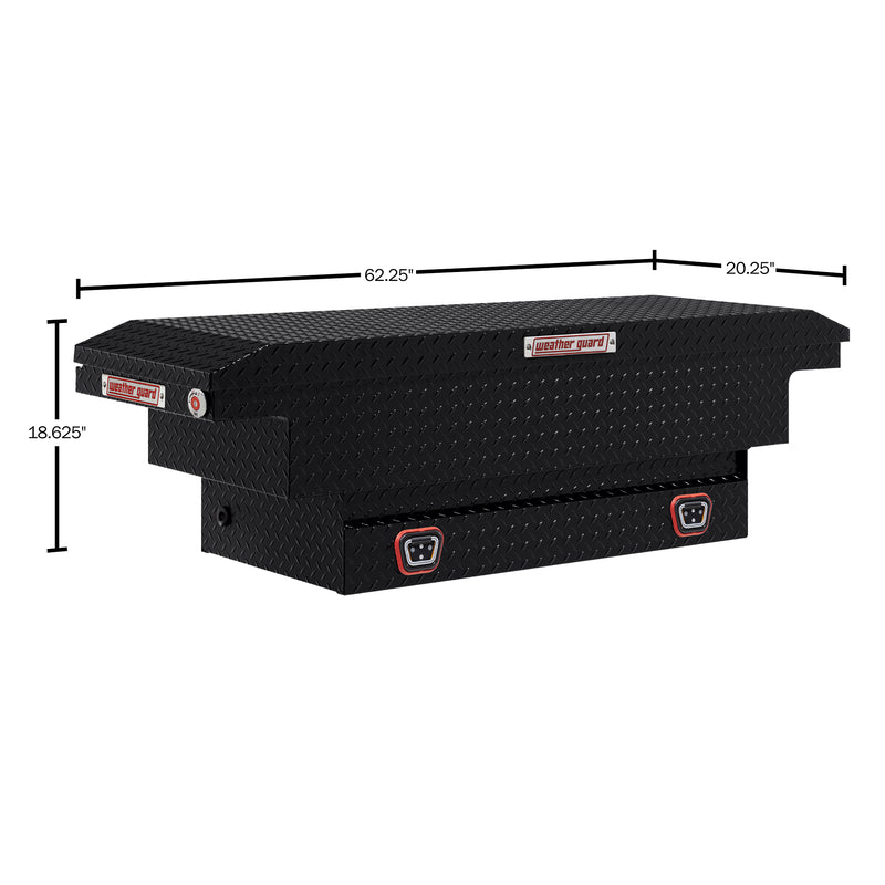 Weather Guard 131-5-04 crossover saddle box in gloss black, dimensional line drawing with the overall length, width and height called out