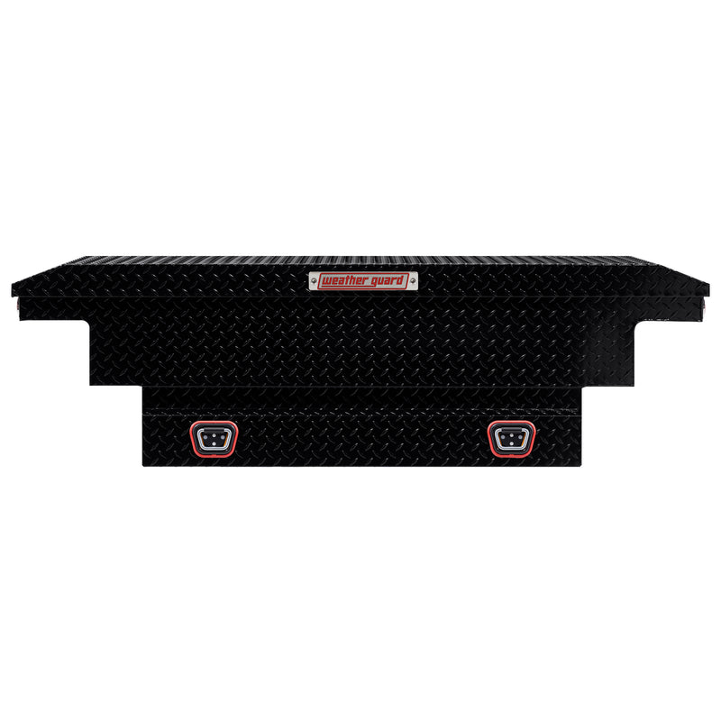 Weather Guard 131-5-04 crossover saddle box in gloss black, straight-on front elevation with the lid closed