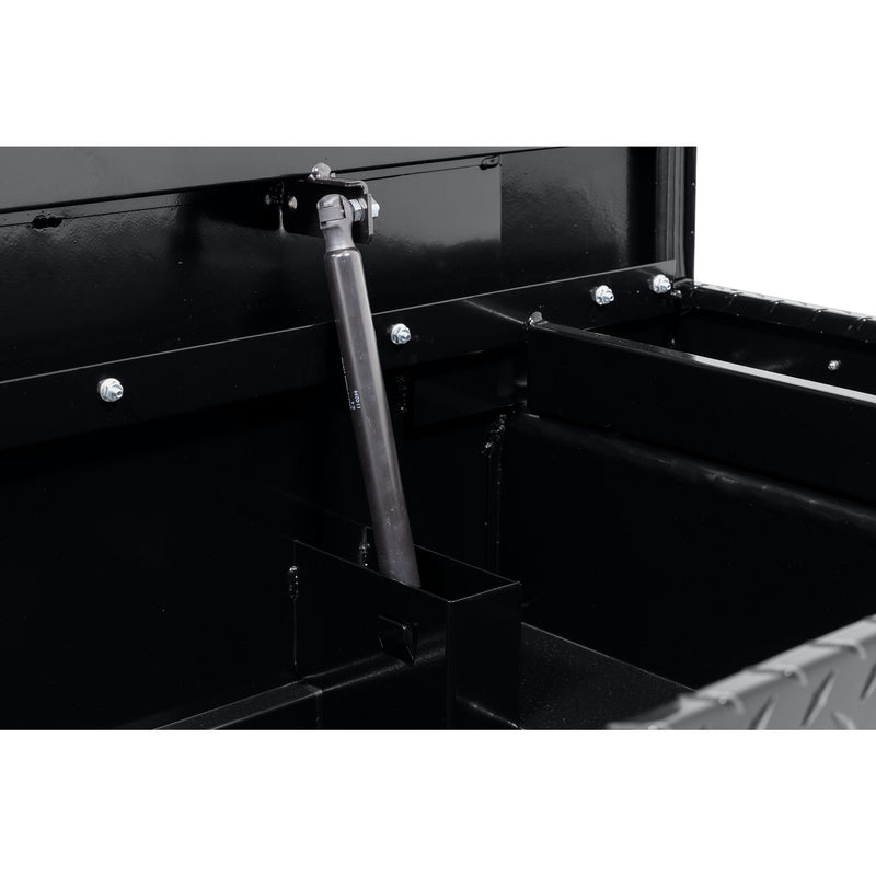 Weather Guard 131-5-04 crossover saddle box in gloss black, close-up of the gas strut holding the lid open