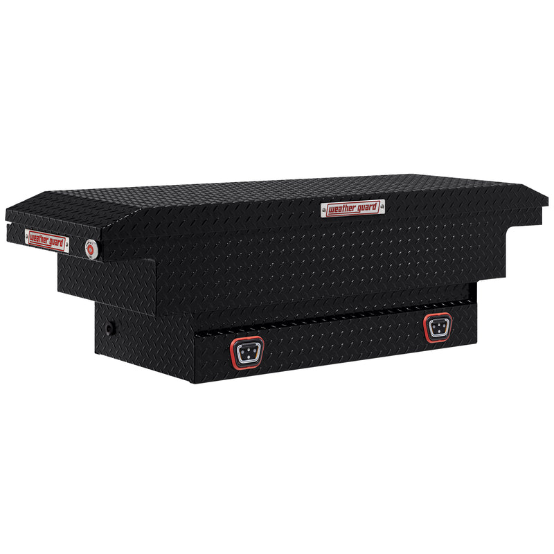Weather Guard 131-5-04 crossover saddle box in gloss black, front three-quarter studio view with the lid closed