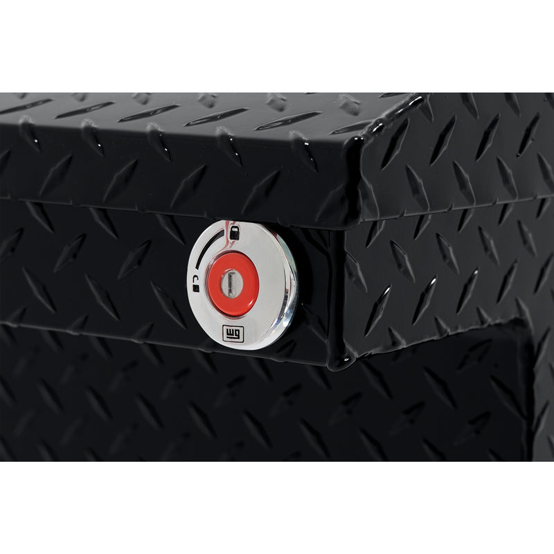 Weather Guard 131-5-04 crossover saddle box in gloss black, close-up of the red push-button lock and Weather Guard badge