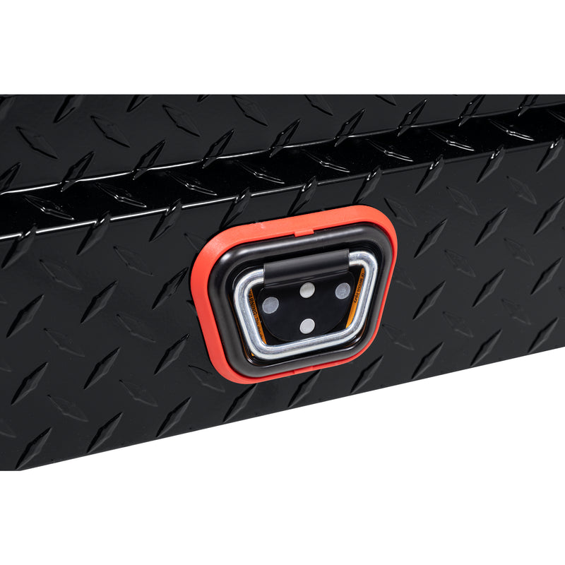Weather Guard 131-5-04 crossover saddle box in gloss black, close-up of the reinforced tie-down buckle on the body
