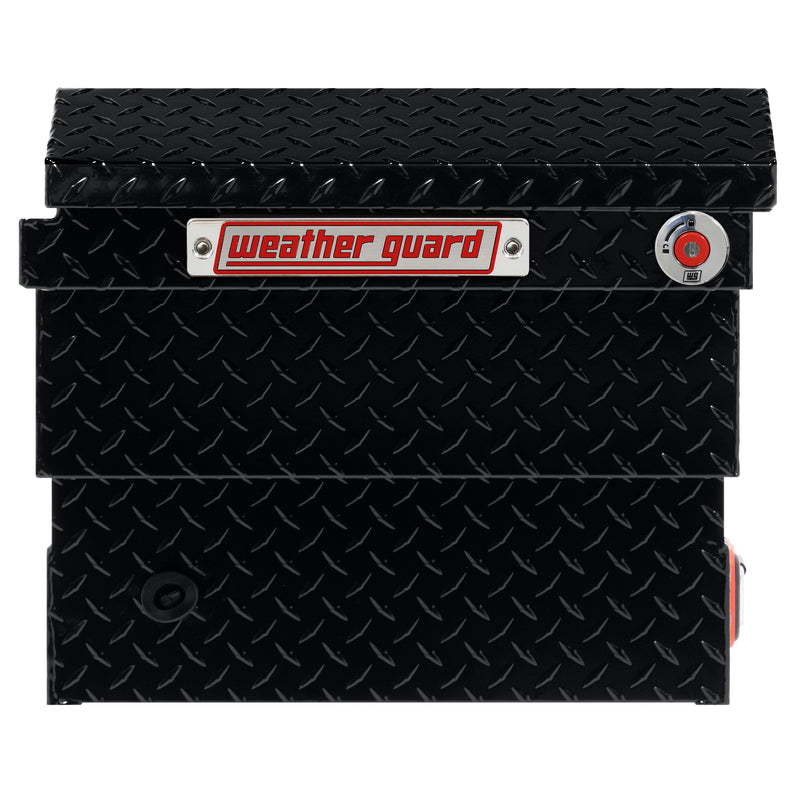 Weather Guard 131-5-04 crossover saddle box in gloss black, side profile showing the body depth and the bed-rail notch