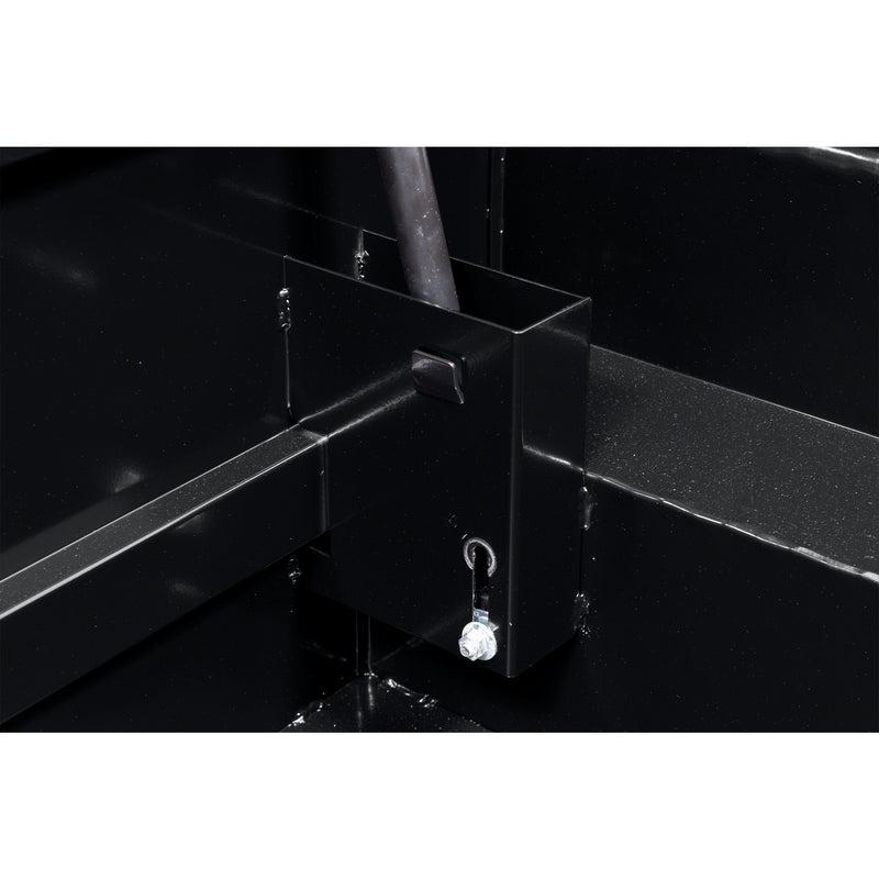 Weather Guard 131-5-04 crossover saddle box in gloss black, close-up of the welded gas strut shield inside the body