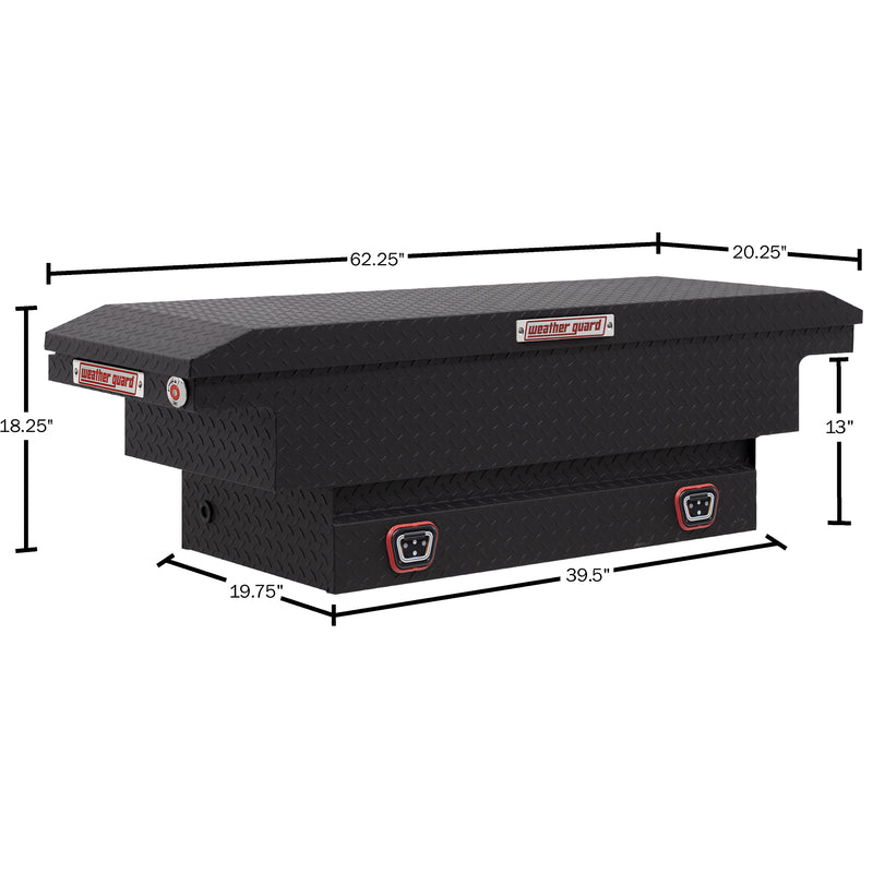 Weather Guard 131-52-04 crossover saddle box in textured matte black, dimensional line drawing with the overall length, width and height called out