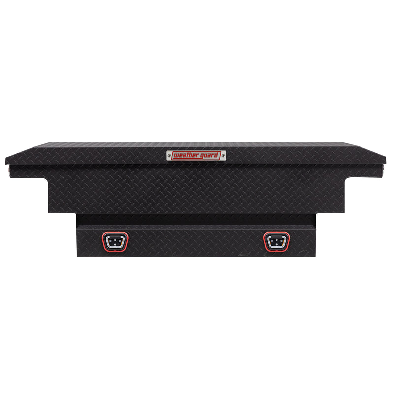 Weather Guard 131-52-04 crossover saddle box in textured matte black, straight-on front elevation with the lid closed