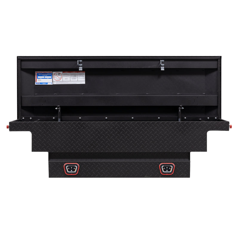 Weather Guard 131-52-04 crossover saddle box in textured matte black, straight-on front view with the lid open, showing the full interior