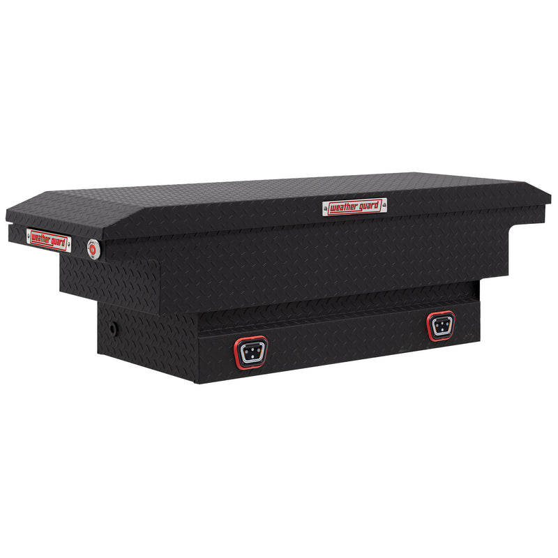 Weather Guard 131-52-04 crossover saddle box in textured matte black, front three-quarter studio view with the lid closed