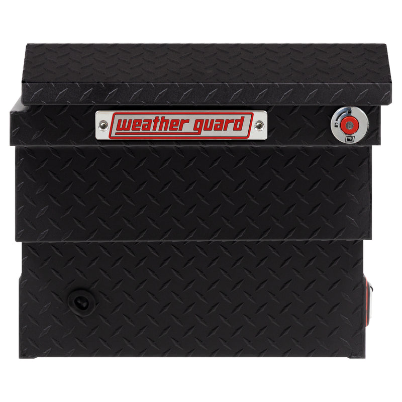 Weather Guard 131-52-04 crossover saddle box in textured matte black, side profile showing the body depth and the bed-rail notch