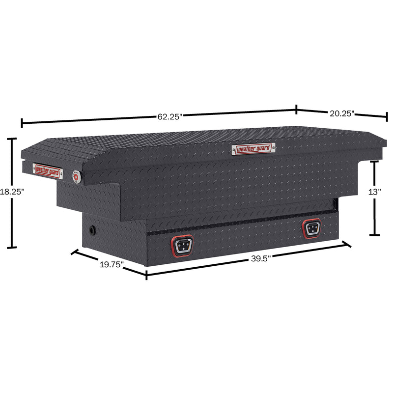 Weather Guard 131-6-04 crossover saddle box in gunmetal gray, dimensional line drawing with the overall length, width and height called out
