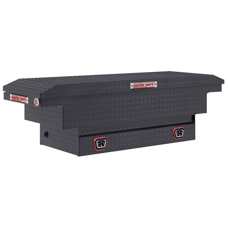 Weather Guard 131-6-04 crossover saddle box in gunmetal gray, front three-quarter studio view with the lid closed