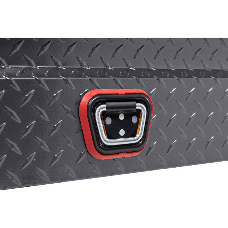 Weather Guard 131-6-04 crossover saddle box in gunmetal gray, close-up of the reinforced tie-down buckle on the body