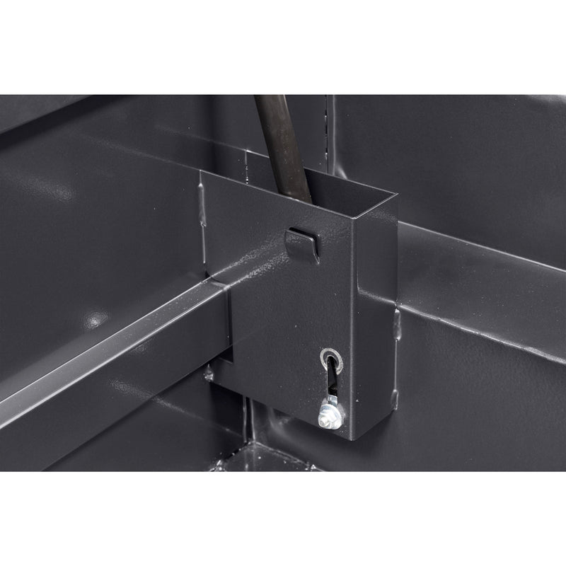 Weather Guard 131-6-04 crossover saddle box in gunmetal gray, close-up of the welded gas strut shield inside the body