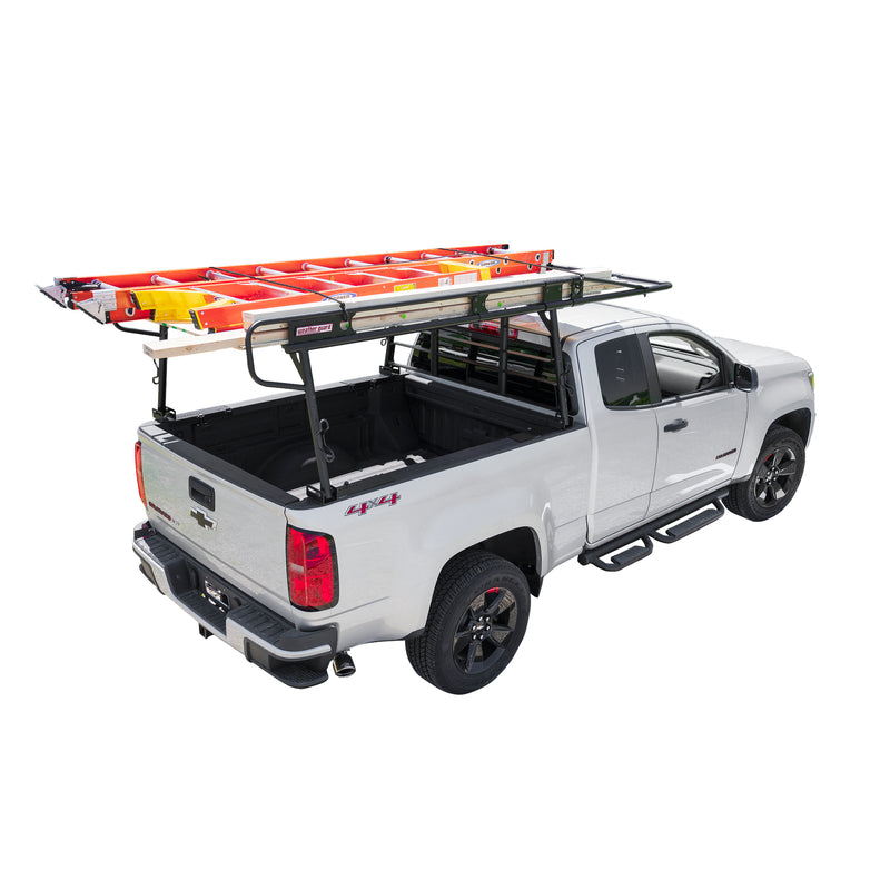 Orange extension ladders carried on the Weather Guard compact truck rack of a white Chevrolet Colorado