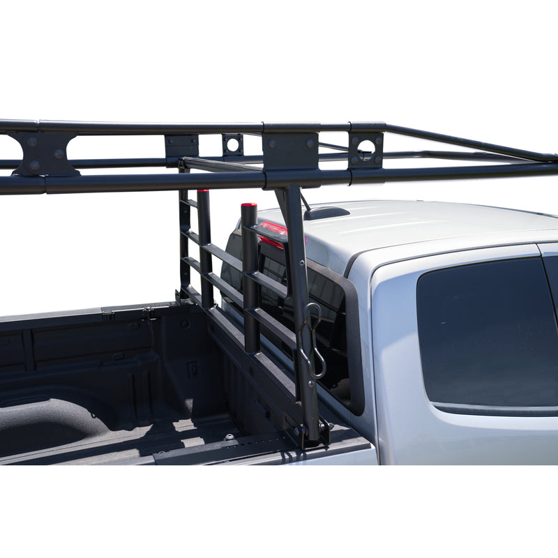 Front section of the Weather Guard compact truck rack seen from the bed looking forward over the cab