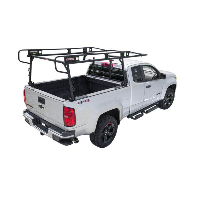 Compact Weather Guard steel truck rack fitted to a white Chevrolet Colorado, rear three-quarter view