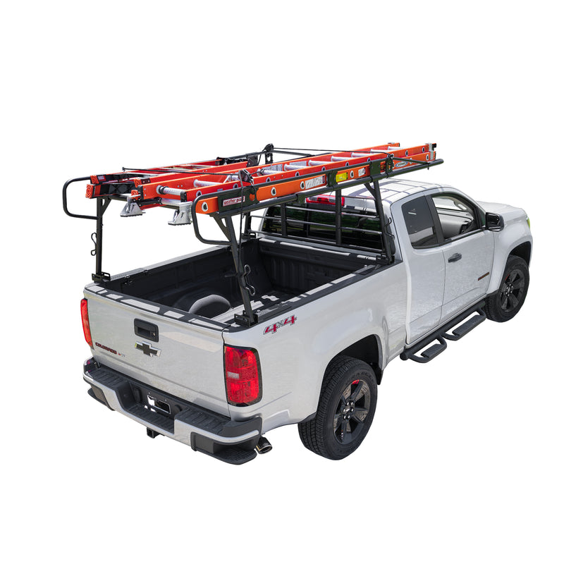 Two ladders loaded on the Weather Guard compact truck rack, side view of a white Colorado