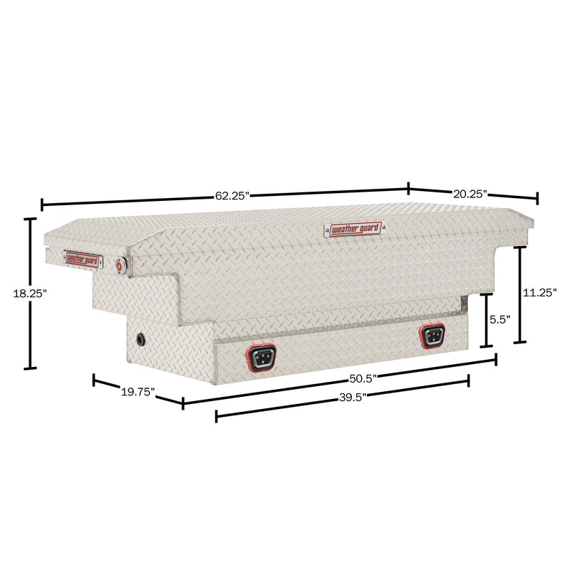 Weather Guard 137-0-04 crossover saddle box in bright aluminum diamond plate, dimensional line drawing with the overall length, width and height called out