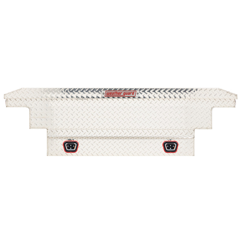 Weather Guard 137-0-04 crossover saddle box in bright aluminum diamond plate, straight-on front elevation with the lid closed