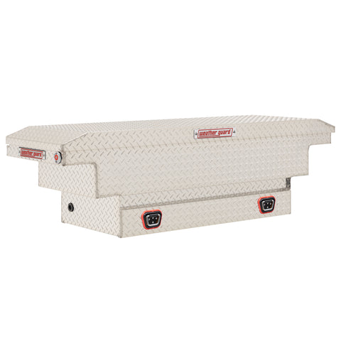 Weather Guard 137-0-04 crossover saddle box in bright aluminum diamond plate, front three-quarter studio view with the lid closed