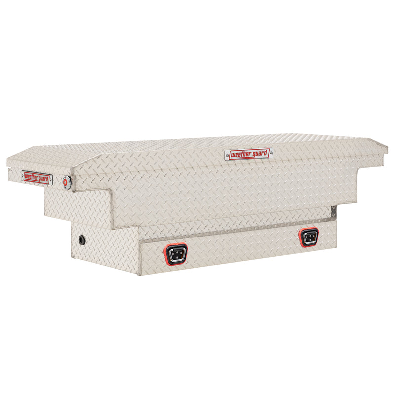 Weather Guard 137-0-04 crossover saddle box in bright aluminum diamond plate, front three-quarter studio view with the lid closed