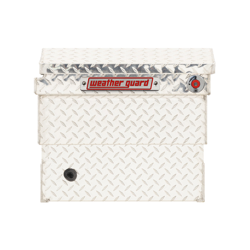 Weather Guard 137-0-04 crossover saddle box in bright aluminum diamond plate, side profile showing the body depth and the bed-rail notch