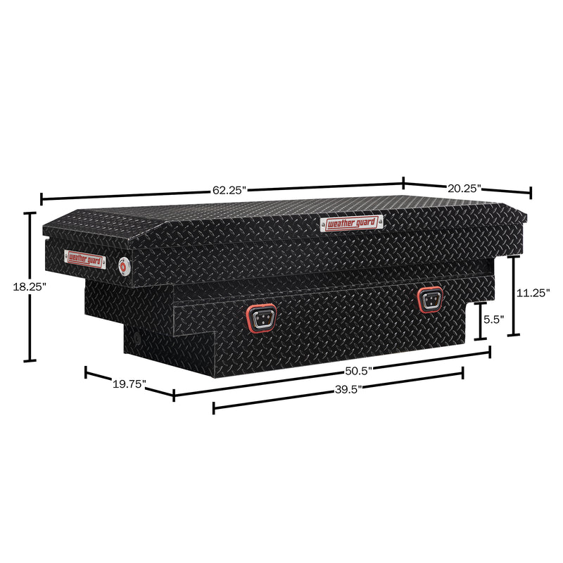Weather Guard 137-5-04 crossover saddle box in gloss black, dimensional line drawing with the overall length, width and height called out