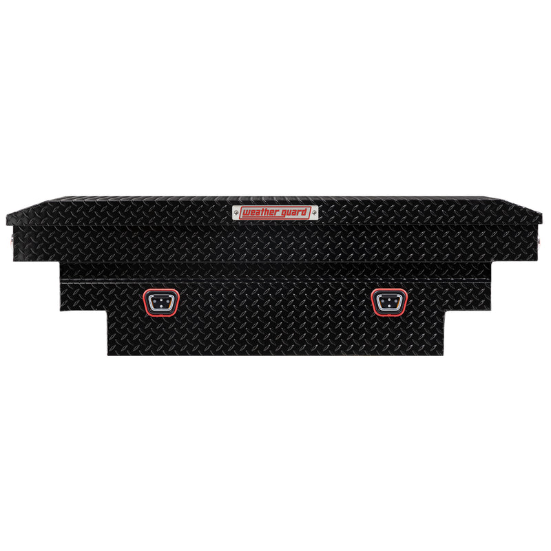 Weather Guard 137-5-04 crossover saddle box in gloss black, straight-on front elevation with the lid closed