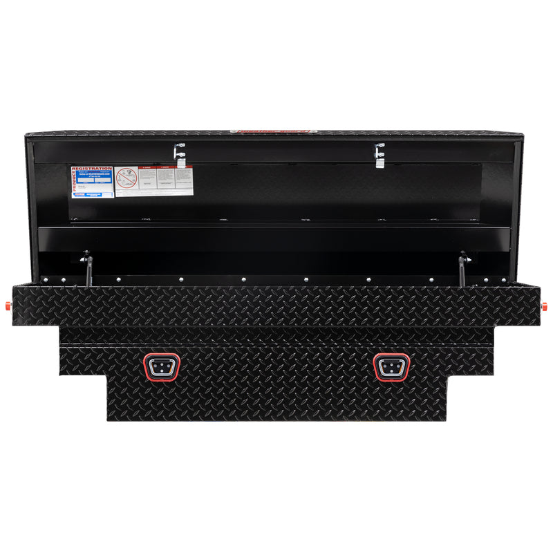 Weather Guard 137-5-04 crossover saddle box in gloss black, straight-on front view with the lid open, showing the full interior