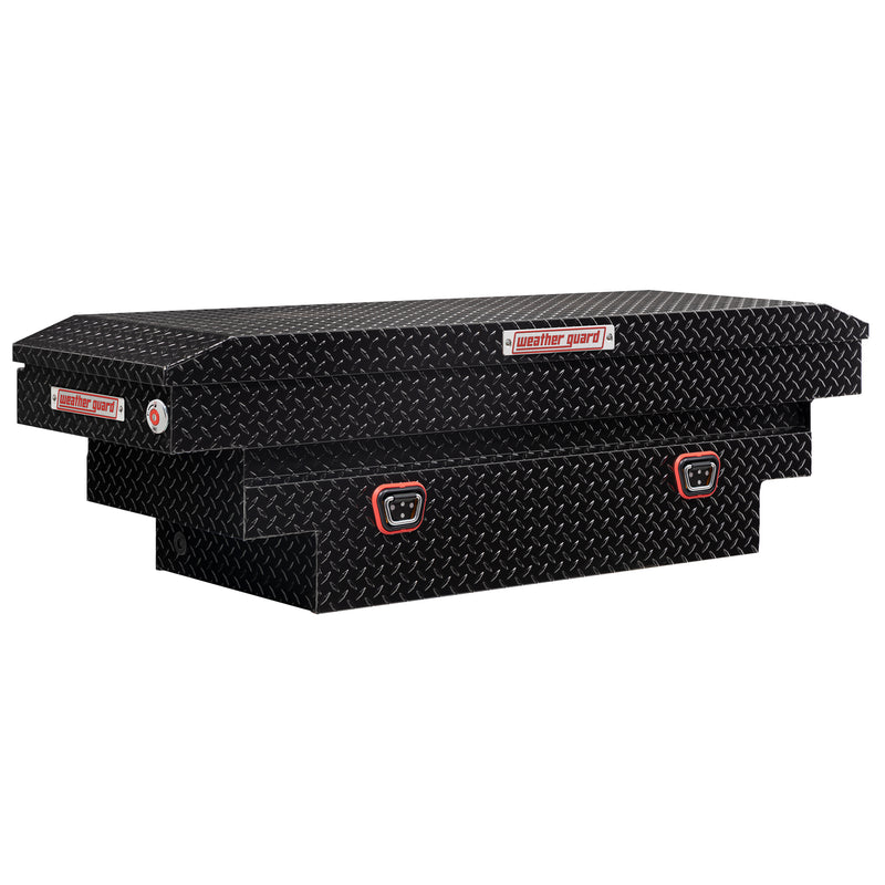 Weather Guard 137-5-04 crossover saddle box in gloss black, front three-quarter studio view with the lid closed