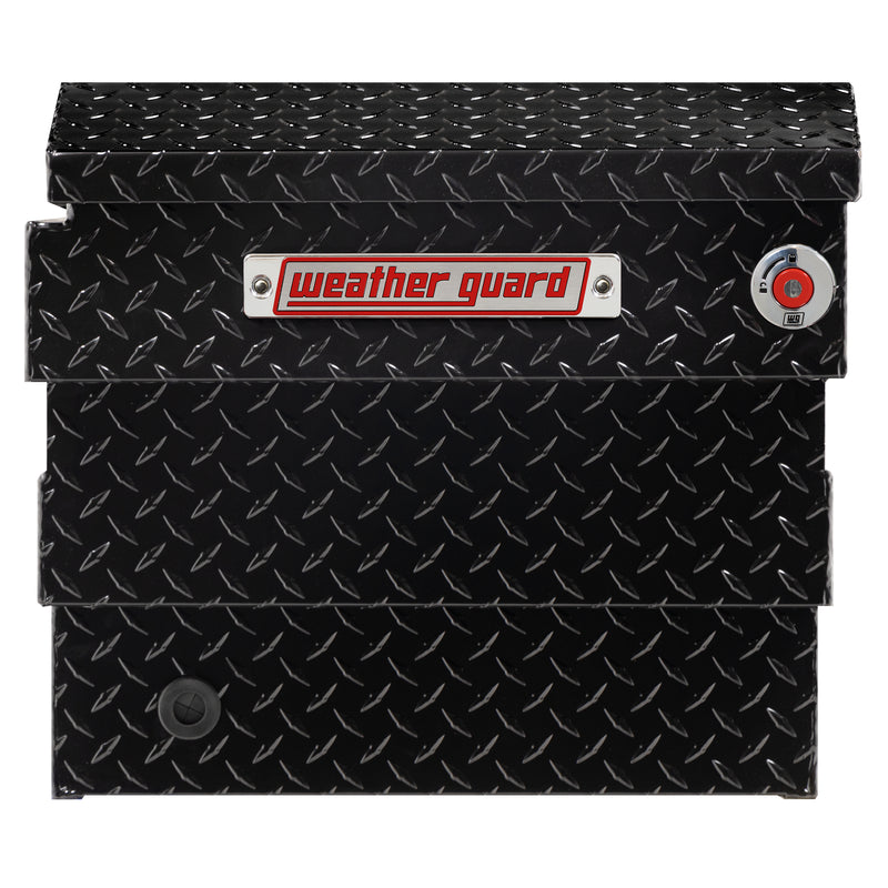 Weather Guard 137-5-04 crossover saddle box in gloss black, side profile showing the body depth and the bed-rail notch