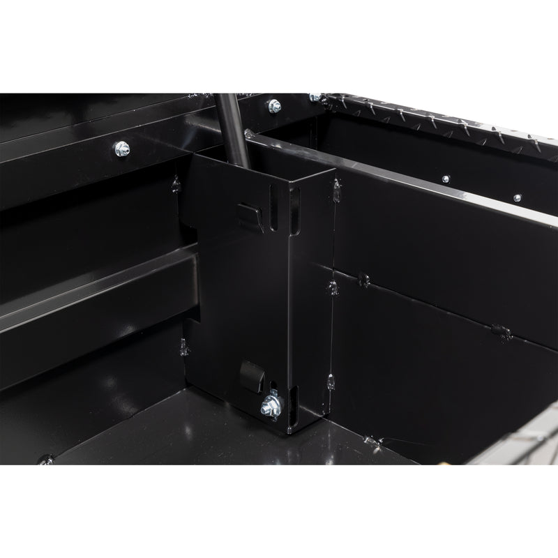 Weather Guard 137-5-04 crossover saddle box in gloss black, close-up of the welded gas strut shield inside the body