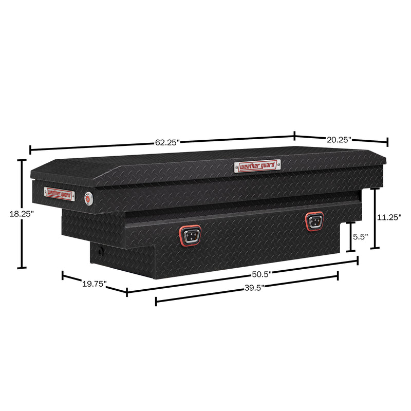 Weather Guard 137-52-04 crossover saddle box in textured matte black, dimensional line drawing with the overall length, width and height called out