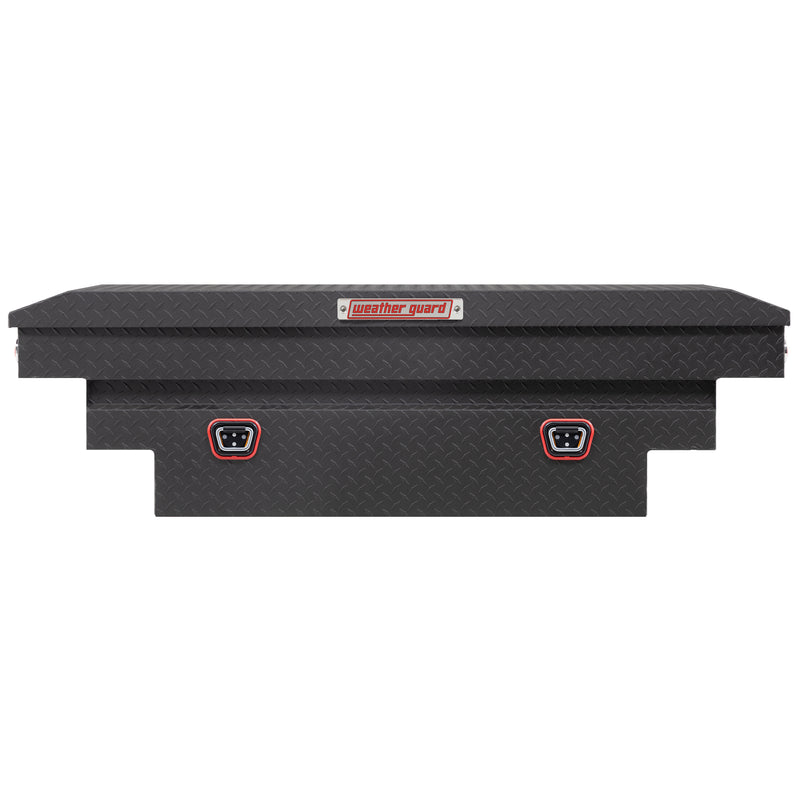 Weather Guard 137-52-04 crossover saddle box in textured matte black, straight-on front elevation with the lid closed