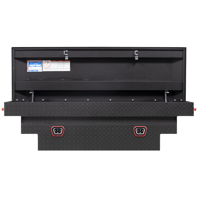 Weather Guard 137-52-04 crossover saddle box in textured matte black, straight-on front view with the lid open, showing the full interior
