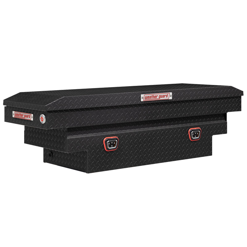 Weather Guard 137-52-04 crossover saddle box in textured matte black, front three-quarter studio view with the lid closed